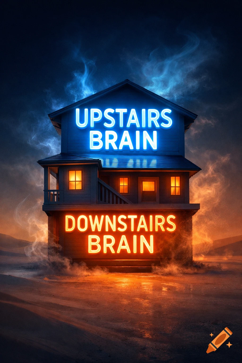A two-story house at dusk, with glowing blue neon text "UPSTAIRS BRAIN" on the top floor and glowing orange neon text "DOWNSTAIRS BRAIN" on the bottom floor, with smoke effects around the house.
