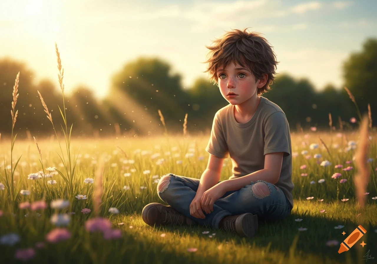 An illustration of a young boy with messy brown hair sitting cross-legged in a sun-drenched field of grass and wildflowers.