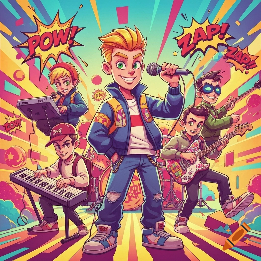 Vibrant cartoon illustration of a 90s-style boy band playing instruments on a colorful stage with comic book sound effects.