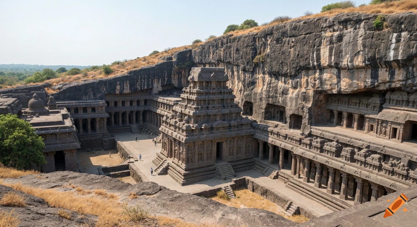 A panoramic view of the Kailasa Temple at Ellora, a massive rock-cut temple and cave complex carved into a basalt cliff.