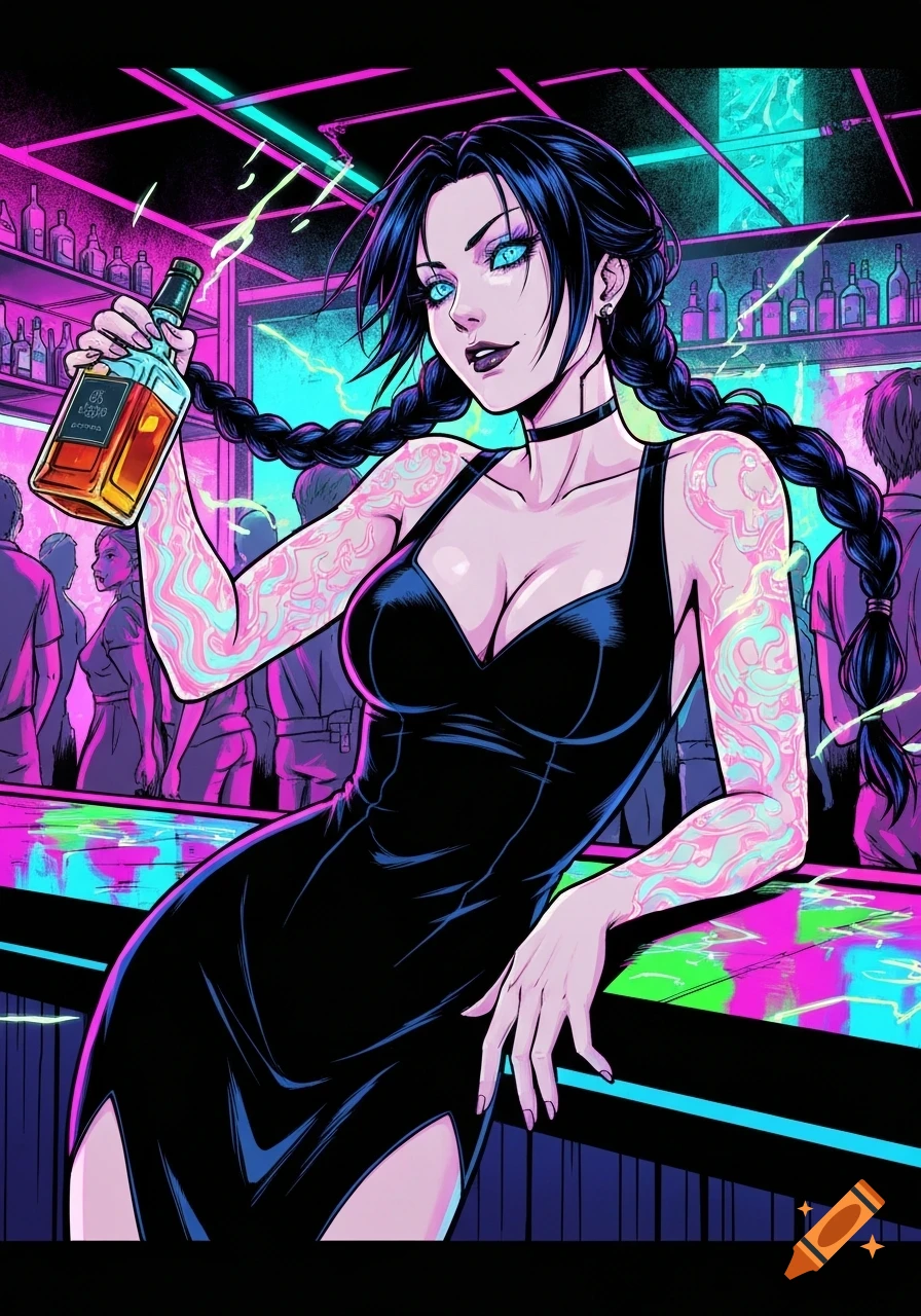 A stylized woman with braided black hair and glowing tattoos holds a whiskey bottle in a neon-lit cyberpunk bar, exuding defiance. Anime graphic novel art.