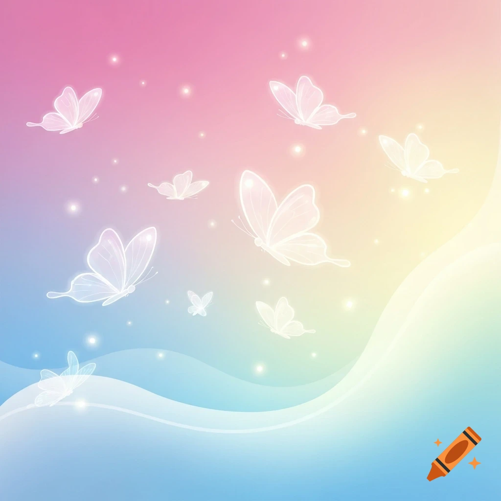 Glowing translucent butterflies floating against a dreamy pastel rainbow background with soft waves.