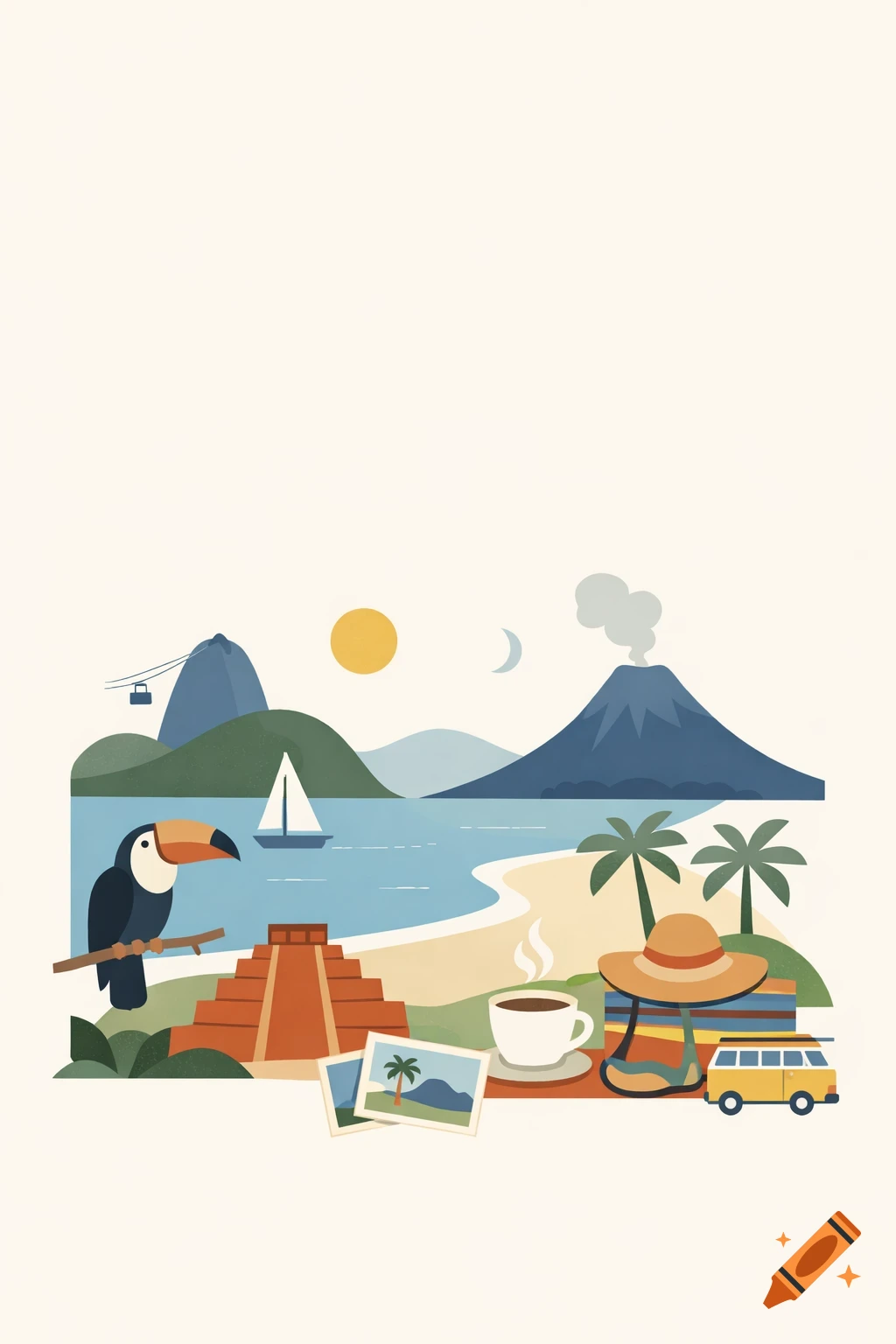 Minimalist illustration of a toucan, pyramid, beach, sailboat, mountains, volcano, coffee, and a bus, on a light background.