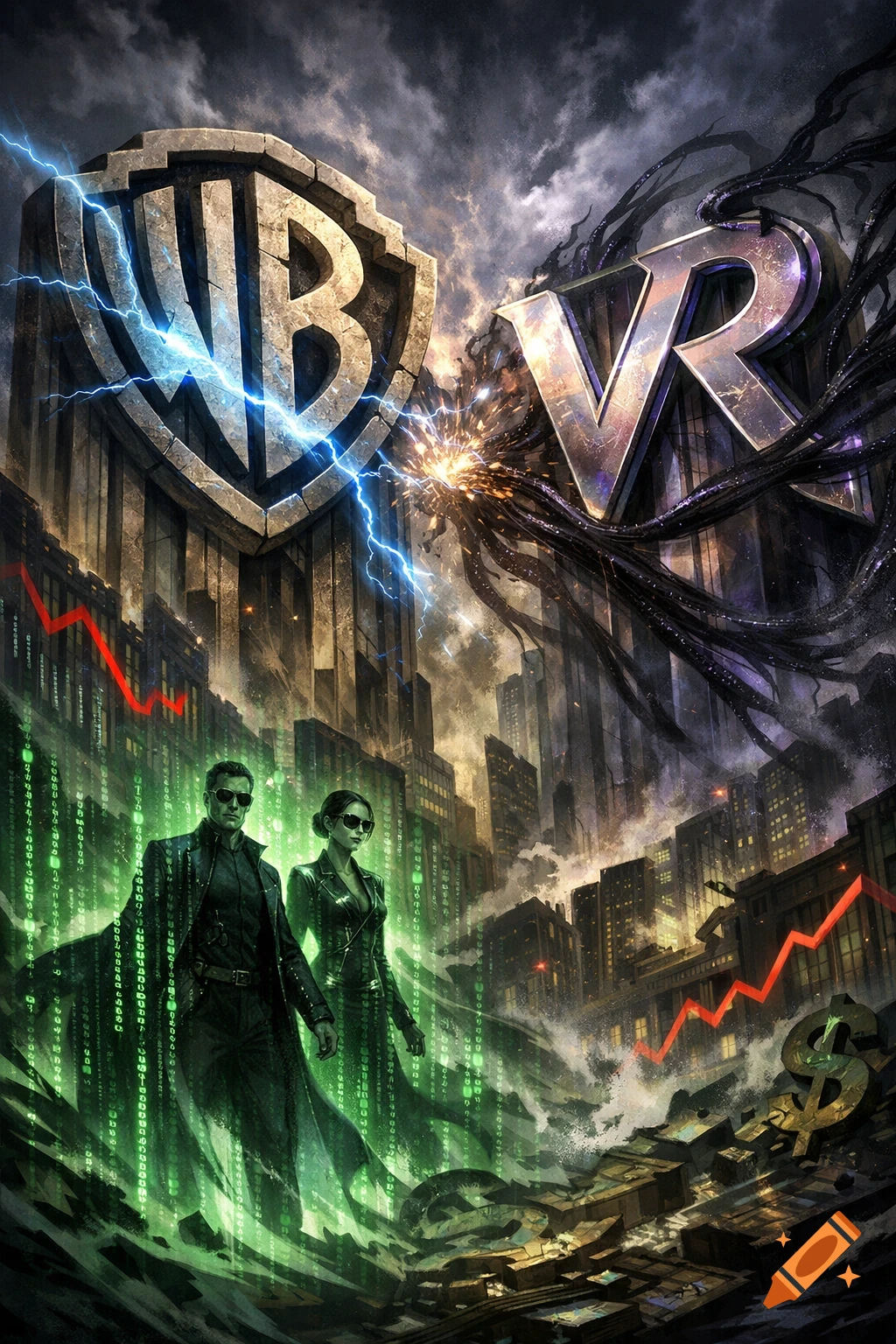 Neo and Trinity stand amidst a futuristic city with green Matrix code, as a WB shield with lightning clashes against a VR logo with dark tendrils.