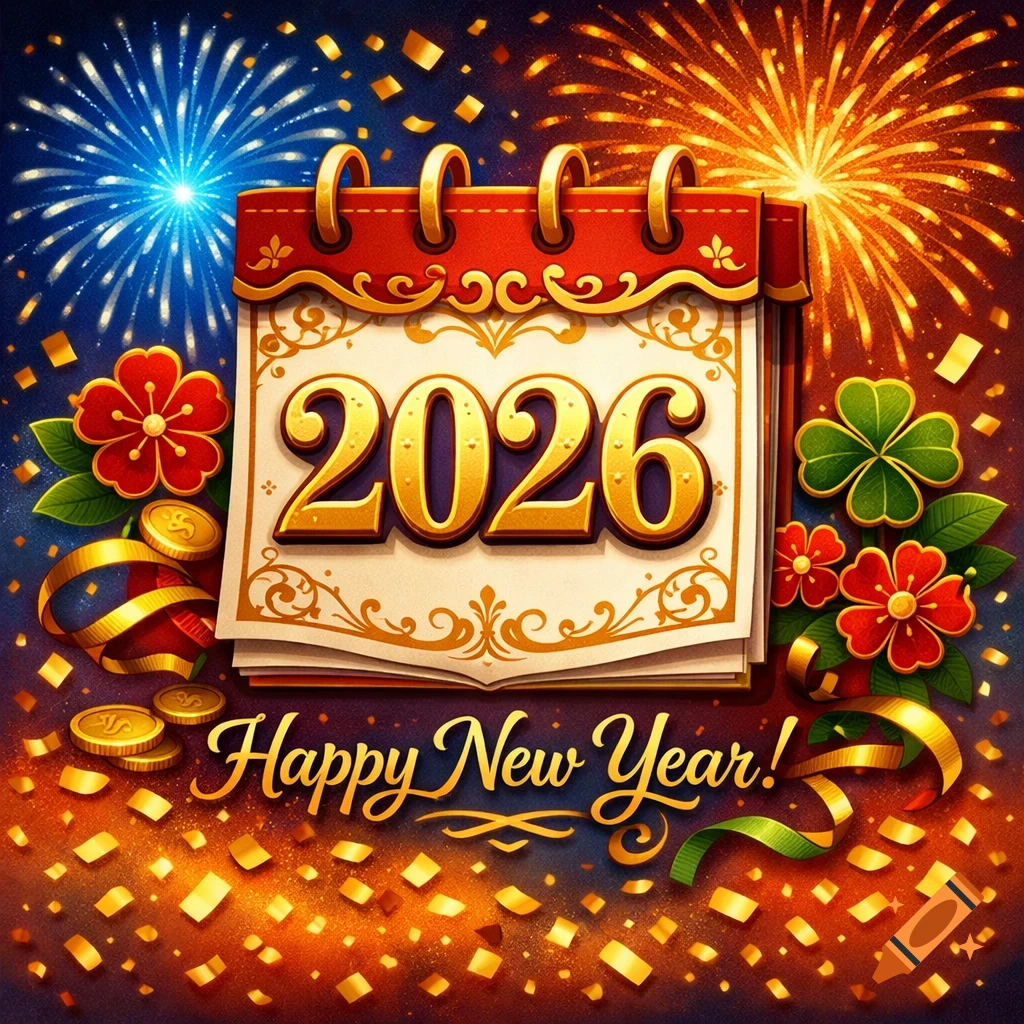 Colorful New Year 2026 calendar with fireworks, golden confetti, red flowers, and "Happy New Year!" text.