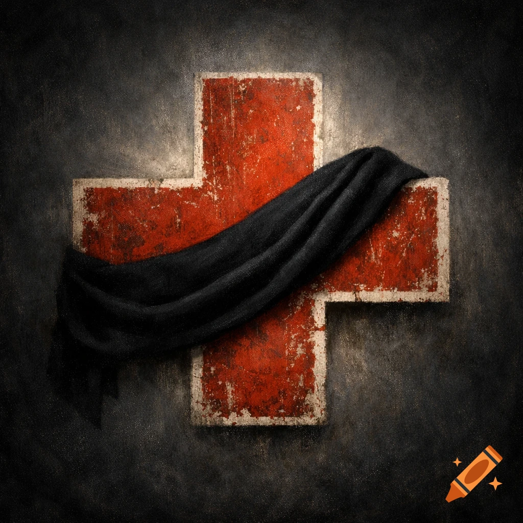 A distressed red cross symbol with a black mourning cloth draped over it, set against a dark, textured background.