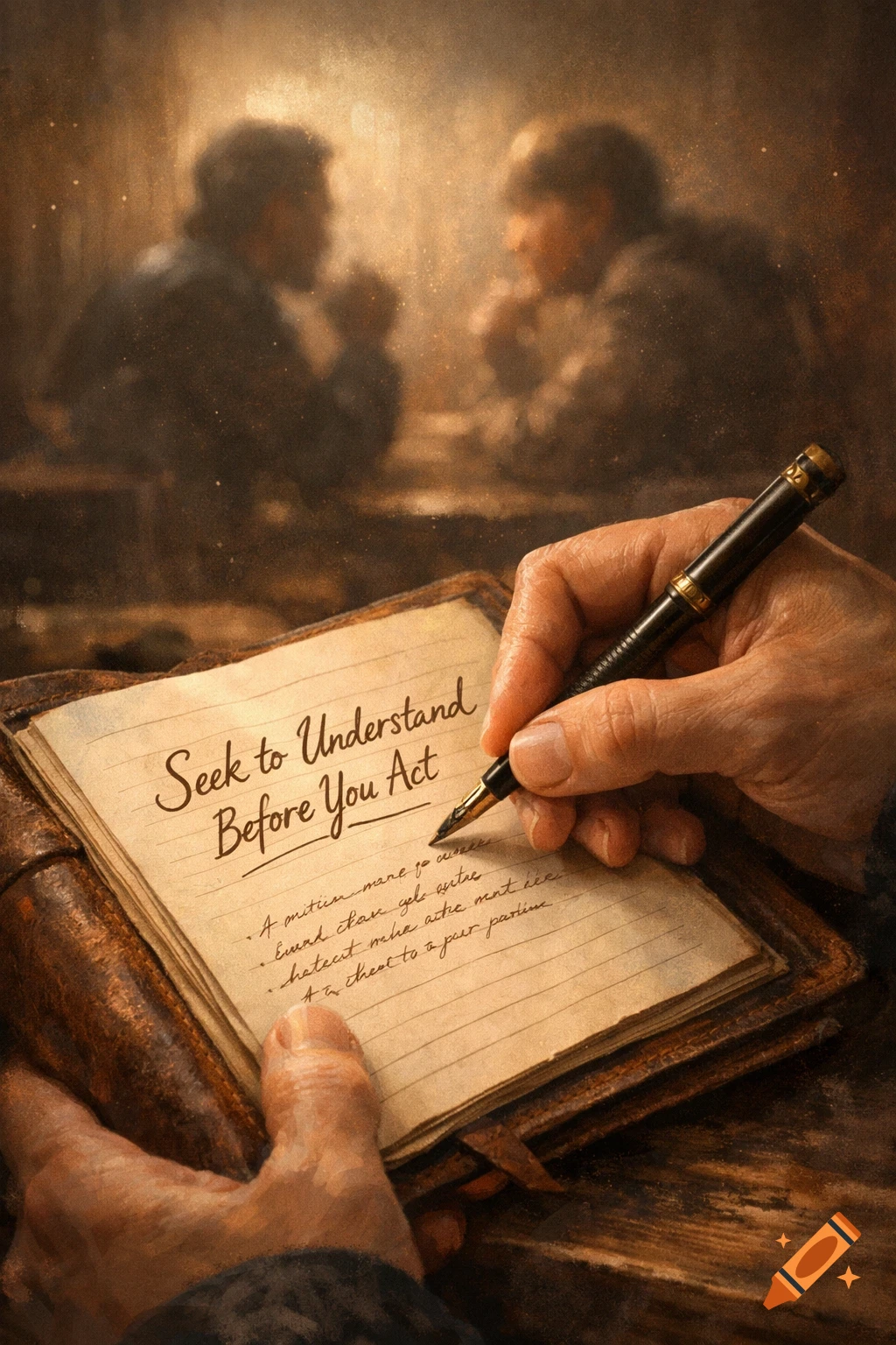A hand writes 'Seek to Understand Before You Act' in a notebook, with two blurred figures talking in the background, painterly style.