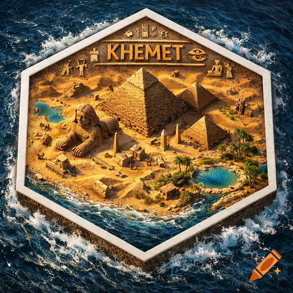 A hexagonal board game tile depicting an ancient Egyptian desert landscape with pyramids, a sphinx, and palm trees, surrounded by ocean. 'KHEMET' is inscribed at the top.