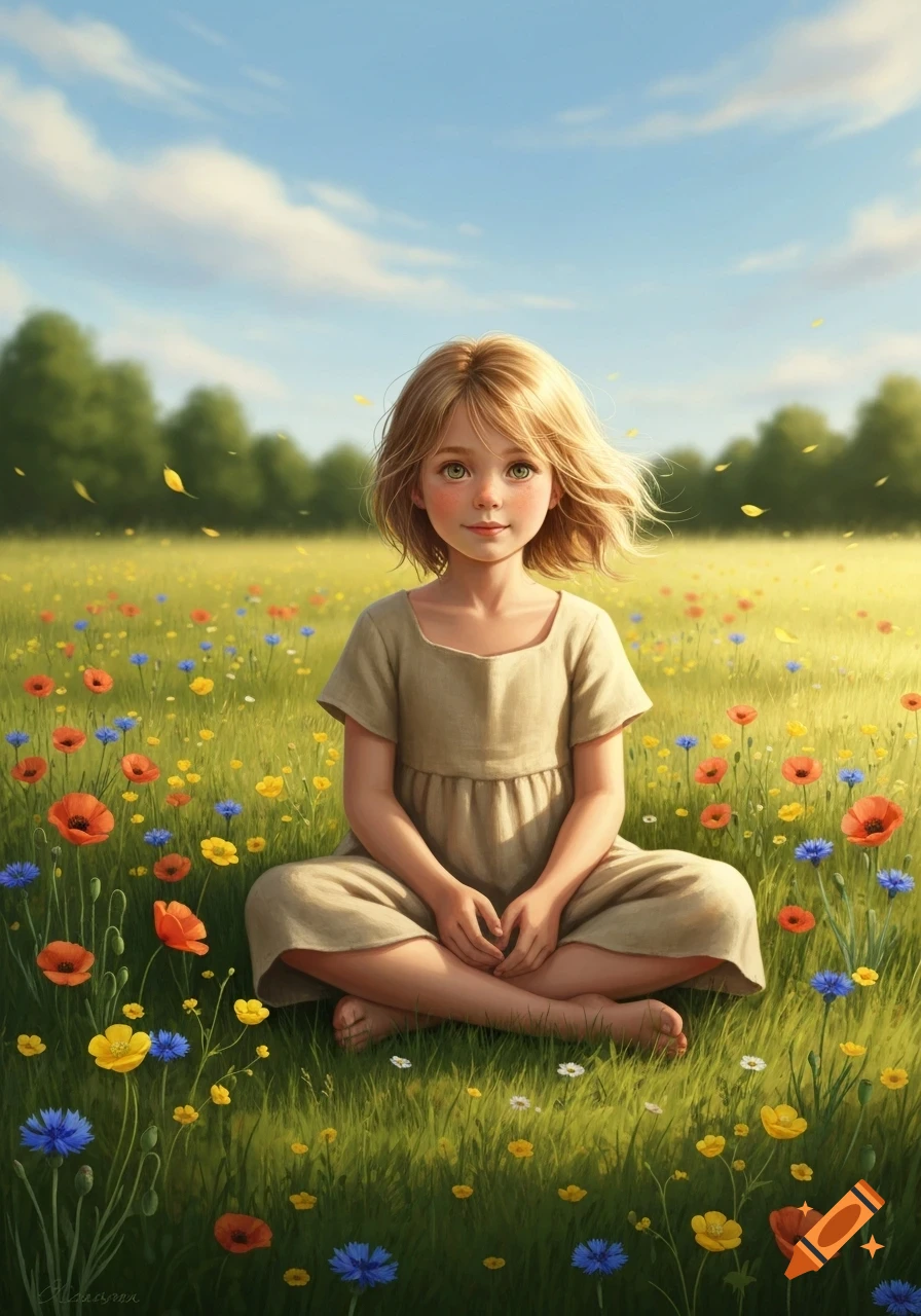 A young blonde girl with green eyes sits cross-legged in a vibrant ...