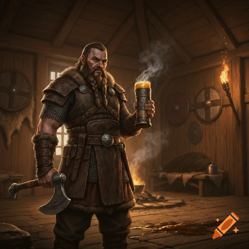 A rugged Viking man with a braided beard holds a steaming tankard and an axe in a rustic wooden hall.