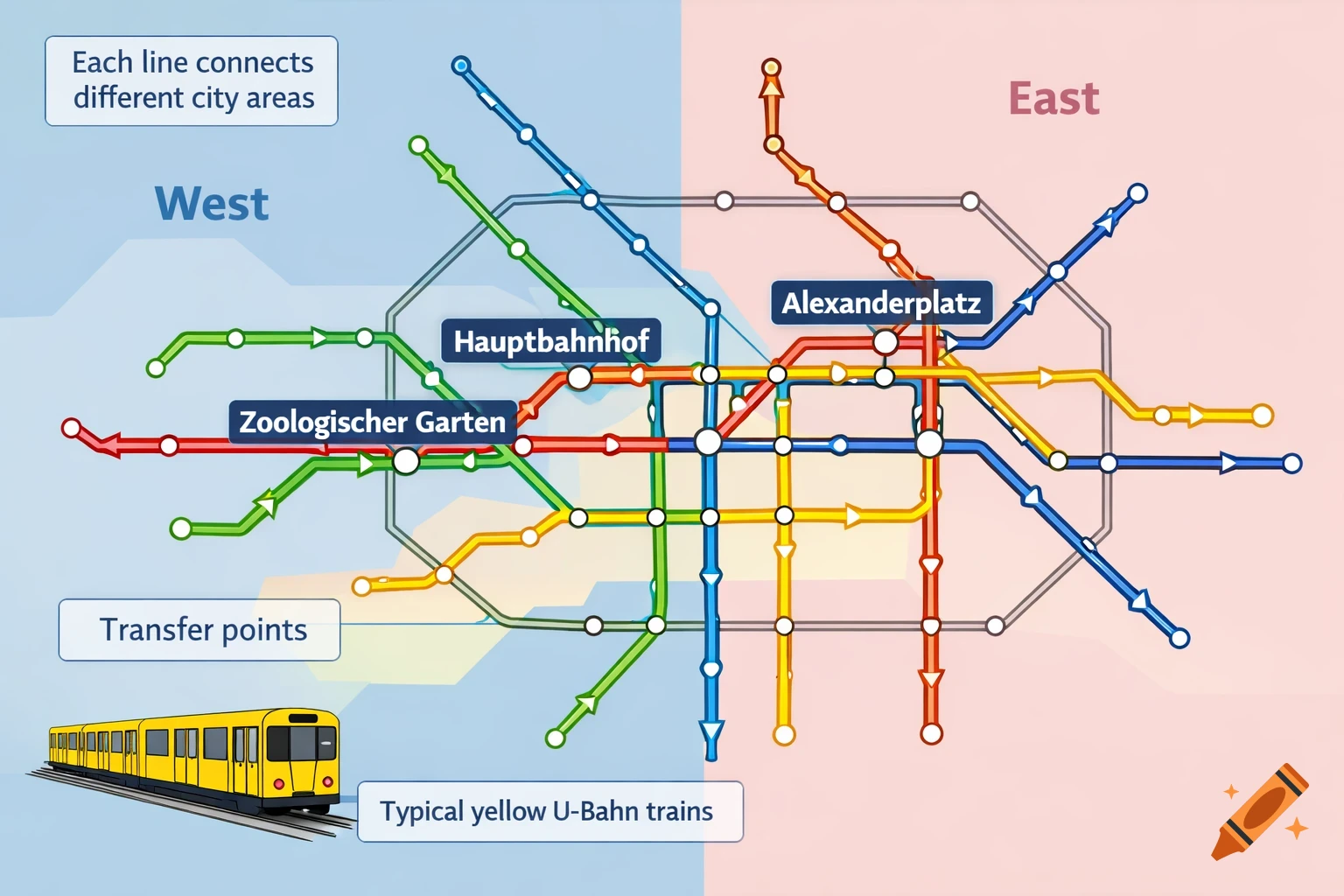 An educational diagram of the Berlin U-Bahn map, showing colored lines, key stations, transfer points, and a yellow U-Bahn train.