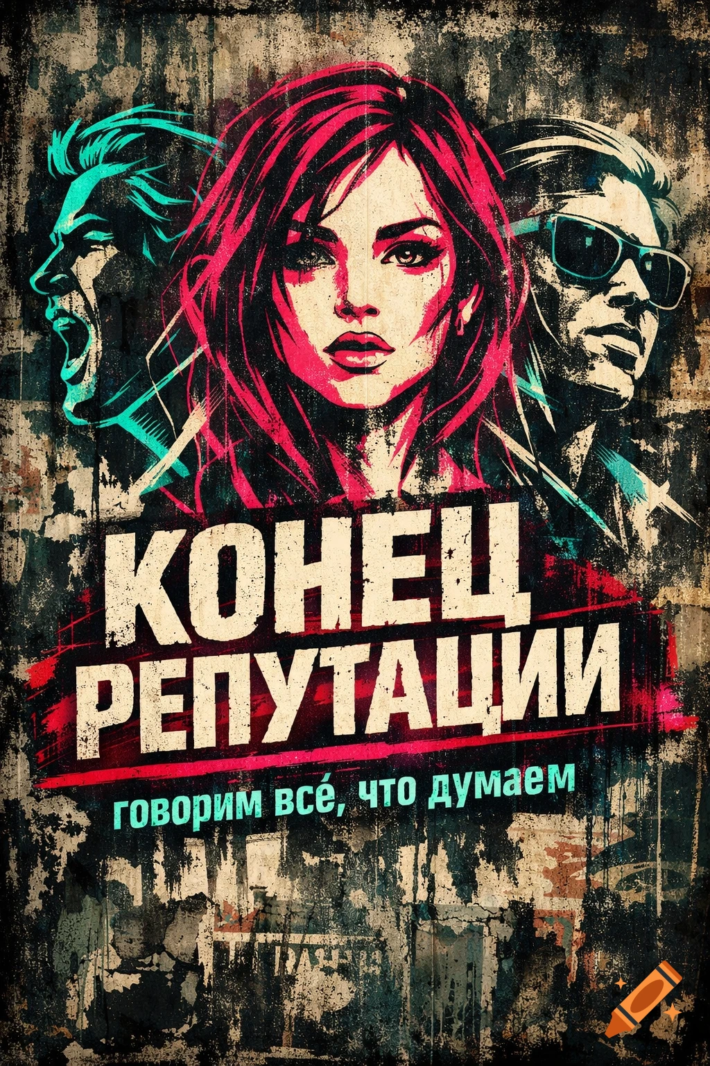 A graphic poster with a grunge background features three stylized portraits in neon pink and teal, with Russian text "КОНЕЦ РЕПУТАЦИИ" and "говорим всё, что думаем".