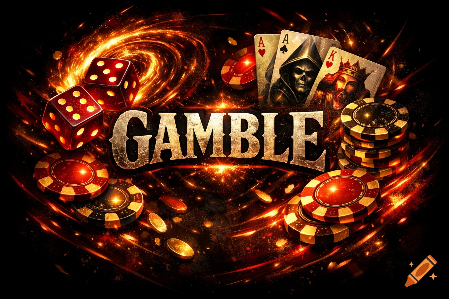A fiery, dynamic image with the word "GAMBLE" at the center, surrounded by glowing dice, playing cards, and casino chips.