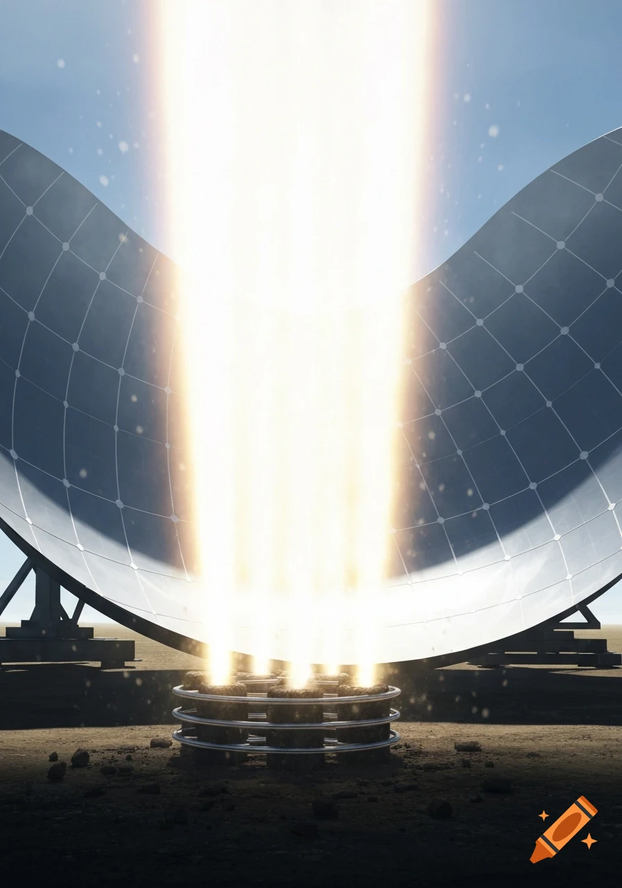 Large concave solar mirror reflects bright light beams onto a circular ground receiver in a dusty, arid landscape.