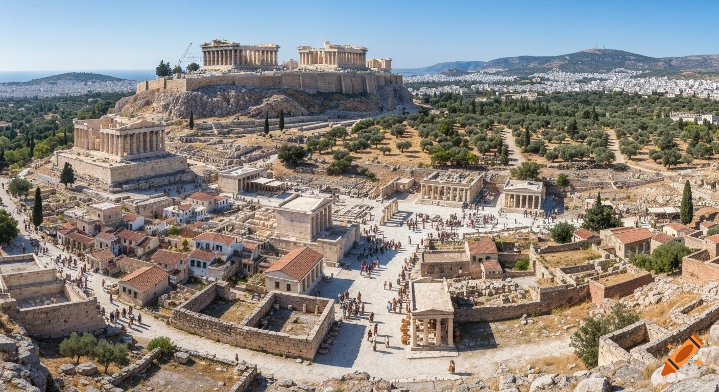 Panoramic aerial view of the ancient Acropolis in Athens, Greece, with the Parthenon and surrounding ruins under a clear blue sky.