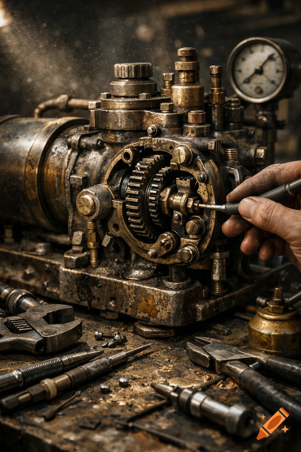 A close-up of a hand repairing a rusty, intricate industrial machine with gears and gauges, surrounded by tools in a photorealistic style.