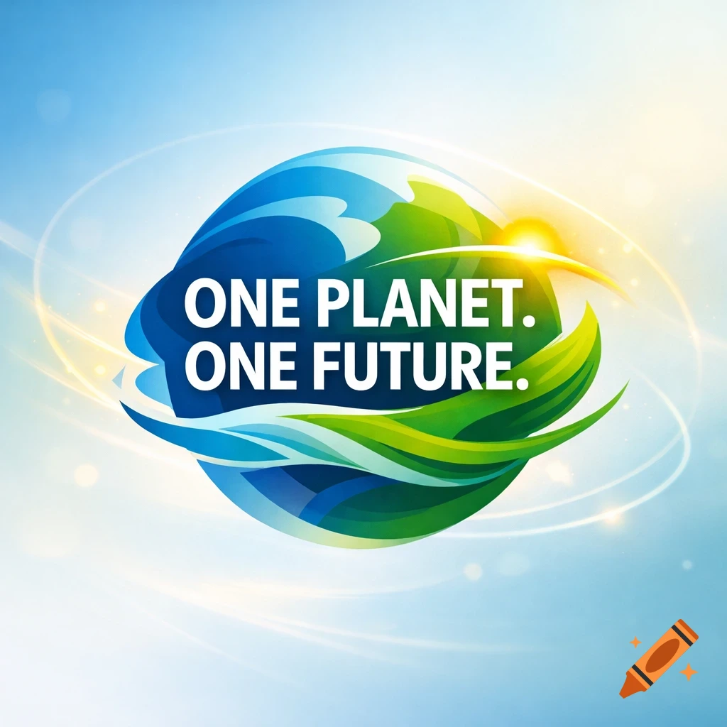 Stylized blue and green globe logo with white text 'ONE PLANET. ONE FUTURE.' on a light blue background.