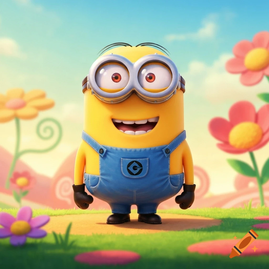 A smiling Minion in overalls stands on a grassy path surrounded by colorful cartoon flowers under a bright blue sky, in a 3D animated style.