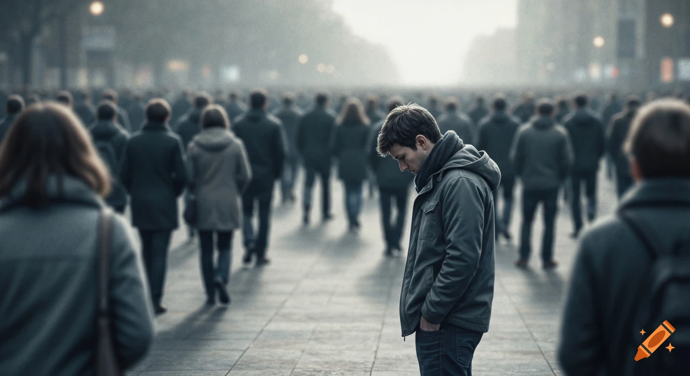 A contemplative man in a jacket stands on a muted city street amidst a blurred crowd.