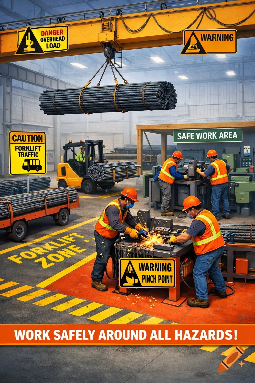 A detailed industrial safety poster shows workers in a rebar fabrication facility with cranes, forklifts, welding, and various warning signs and safety zones, in a realistic illustration style.
