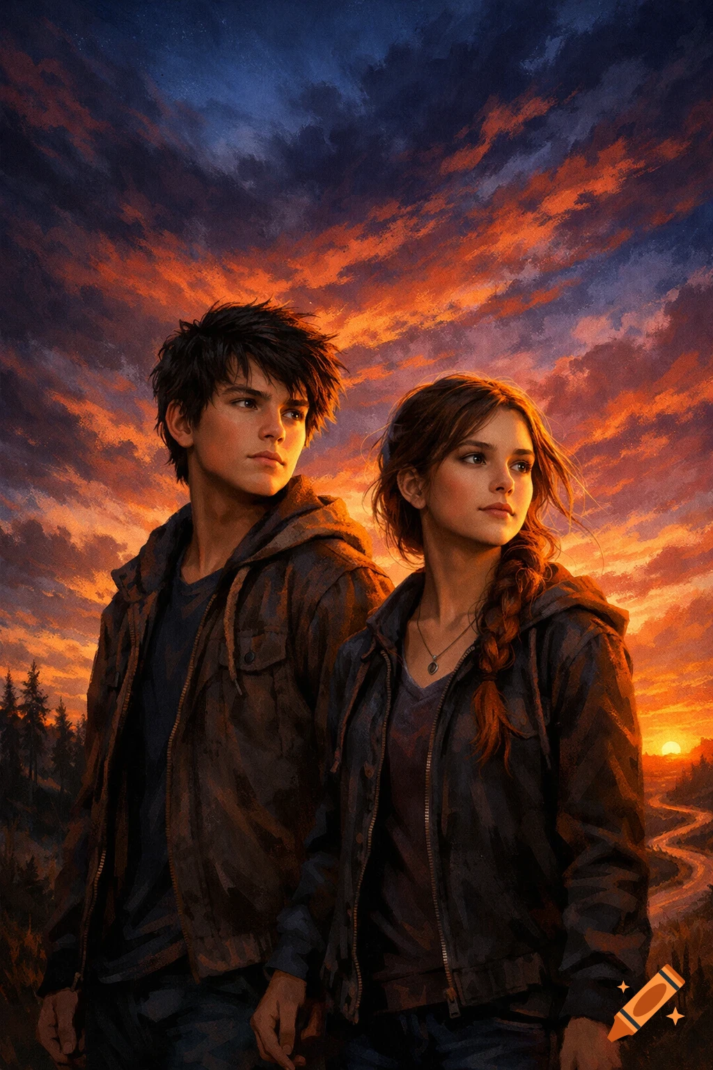 Painterly illustration of a teenage boy and girl looking towards a dramatic orange sunset sky with distant trees and a path.