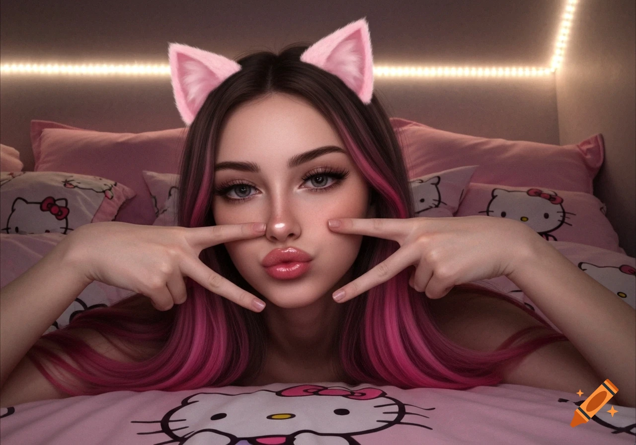 Young woman with pink hair and cat ears pouting, making peace signs on Hello Kitty bedsheets in a dim bedroom.