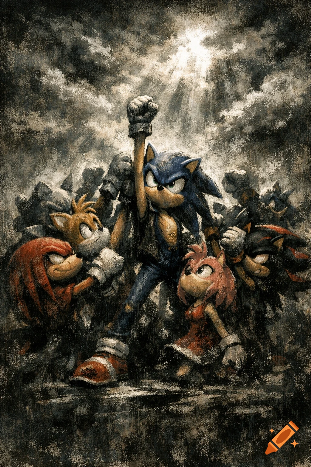 Sonic the Hedgehog raises a fist in a dramatic, gritty painting, surrounded by Tails, Knuckles, Amy, and Shadow under a stormy sky with a ray of light.