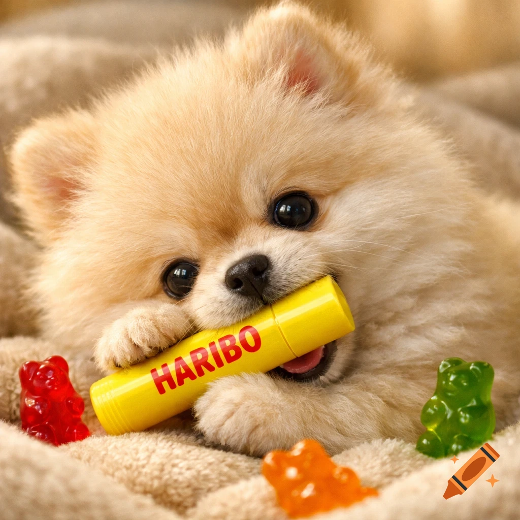 A fluffy Pomeranian puppy holds a yellow Haribo candy stick in its mouth, surrounded by red, orange, and green gummy bears on a soft blanket.