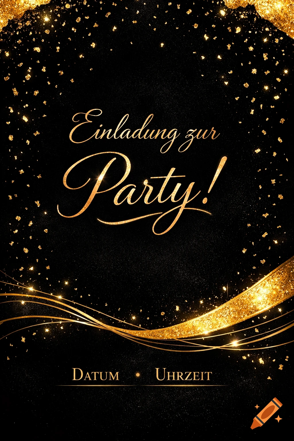 A luxurious black and gold party invitation with elegant typography, golden glitter, and the text 'Einladung zur Party!', 'DATUM', and 'UHRZEIT'.