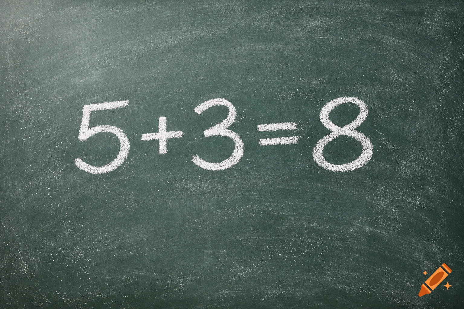 A close-up shot of a dark green blackboard with the math equation 5+3=8 written in white chalk.