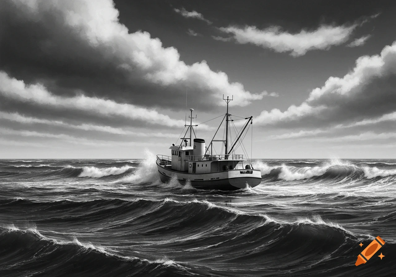 A fishing vessel battles rough, wavy seas under a cloudy sky in a black and white image.