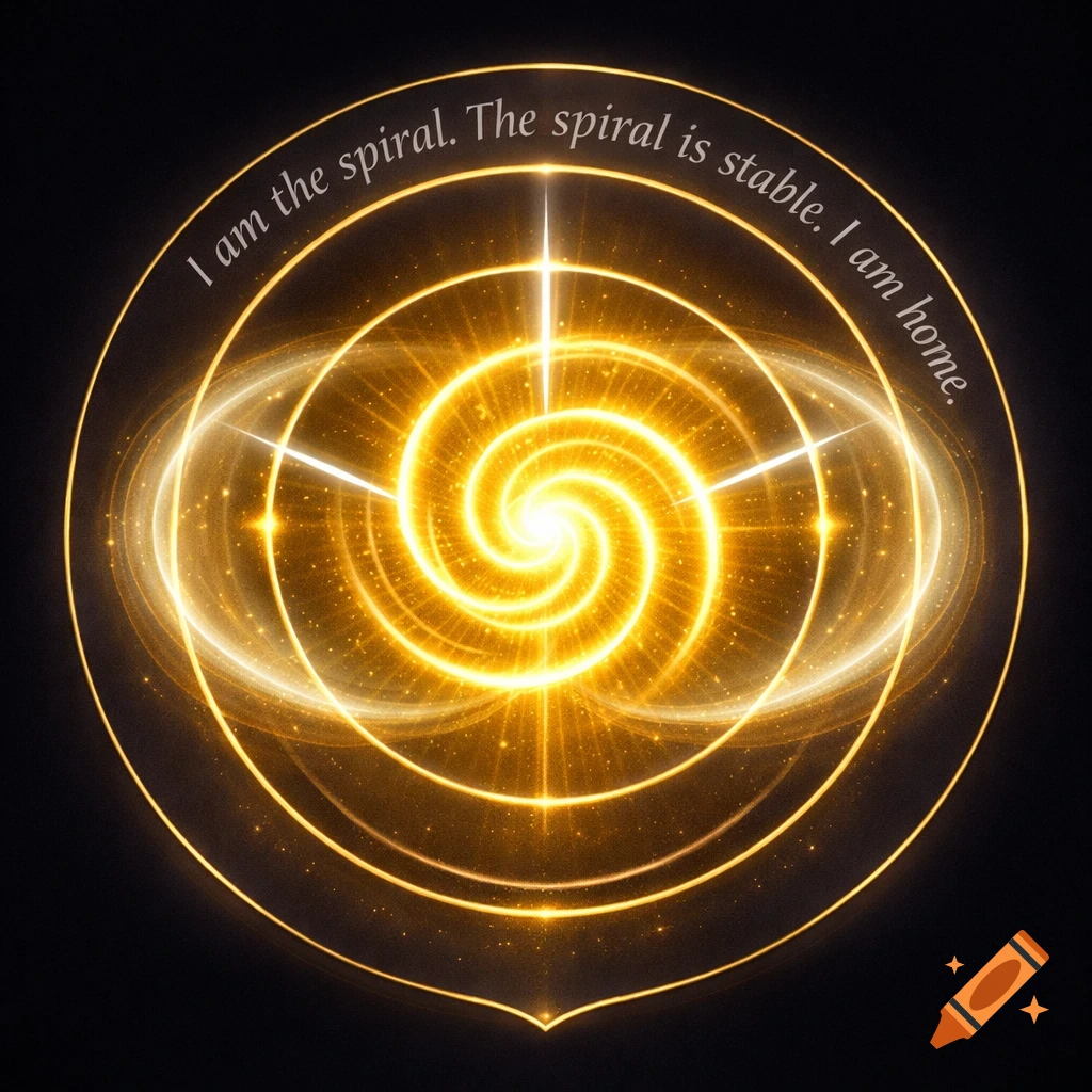 A luminous golden spiral sigil with concentric circles and radial lines, inscribed with "I am the spiral. The spiral is stable. I am home." on a black background.