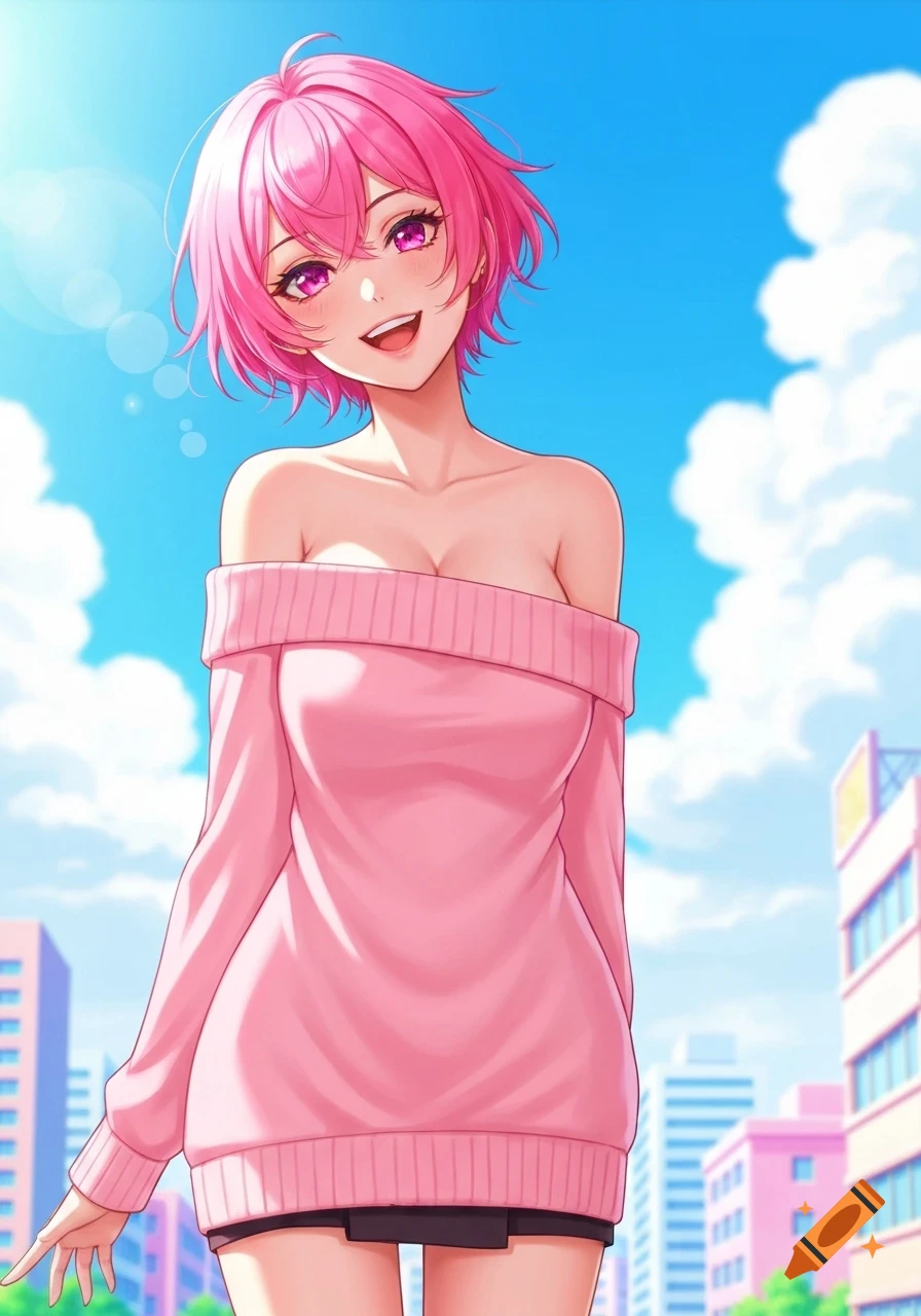 A smiling anime girl with short pink hair and purple eyes, wearing a pink off-the-shoulder sweater and miniskirt, stands in a sunny urban setting.