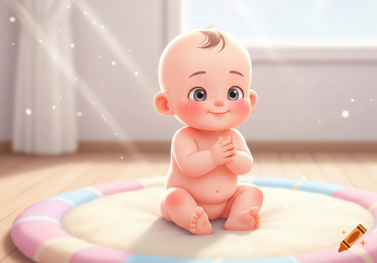 A cute cartoon baby boy with rosy cheeks sits on a soft, pastel-colored mat, gently clapping his hands and smiling.
