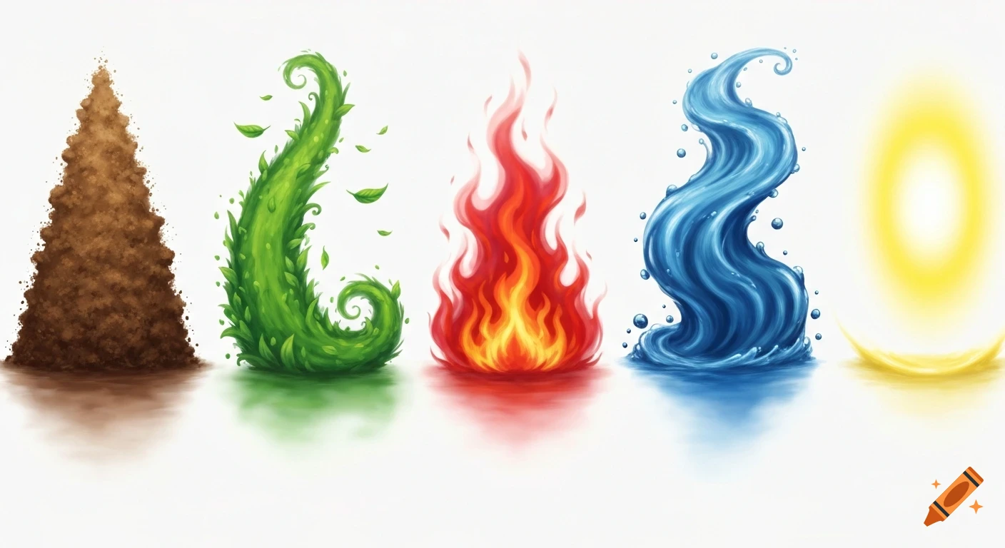 Stylized illustration of five elements: brown earth, green vine, red fire, blue water, and yellow sky, on a white background.