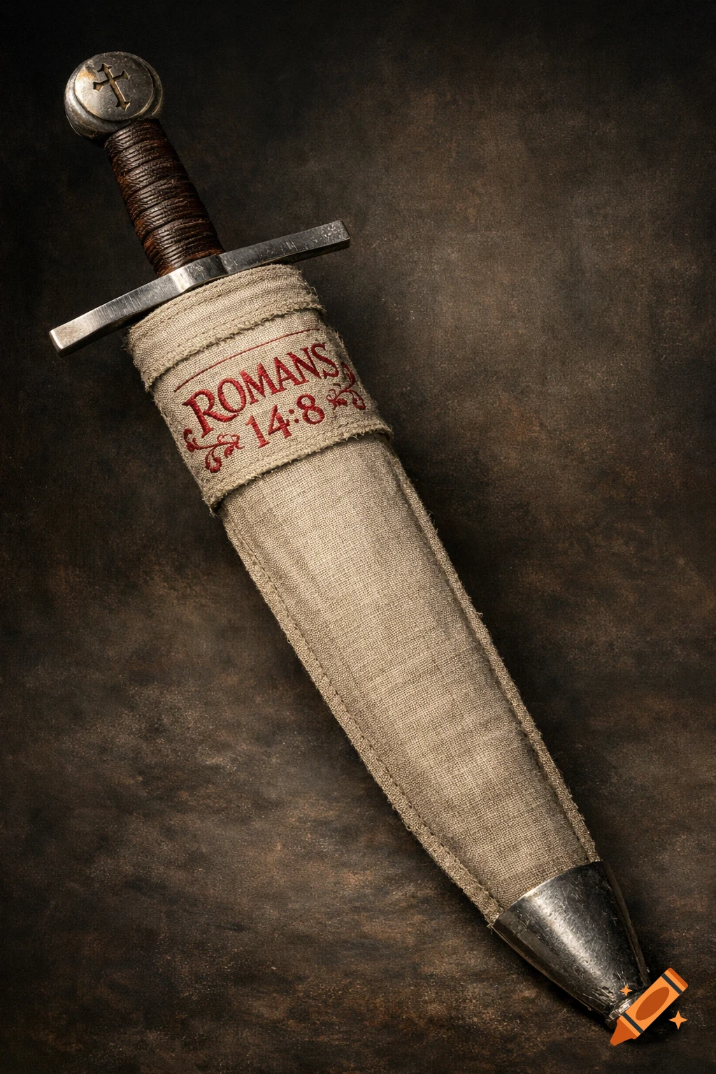 A detailed close-up of a sheathed sword with a cross on its pommel and "ROMANS 14:8" embroidered on the linen scabbard.