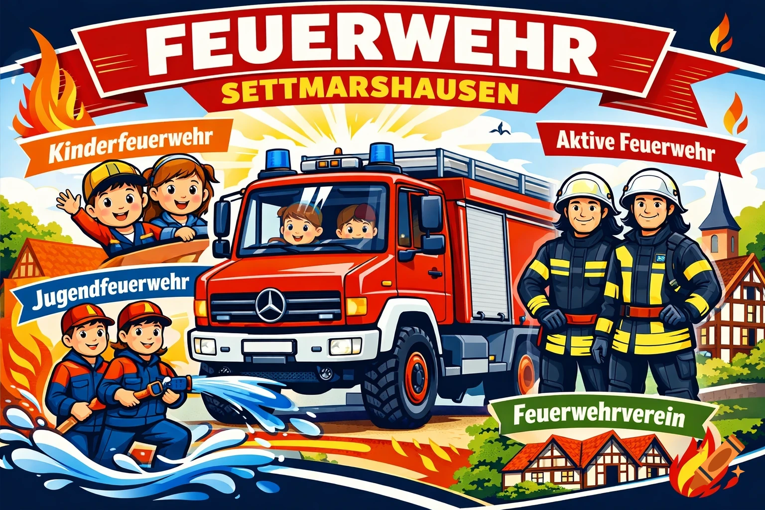Cartoon illustration of firefighters, including children, a fire truck, and adult firefighters. Text: 'Feuerwehr Settmarshausen'.