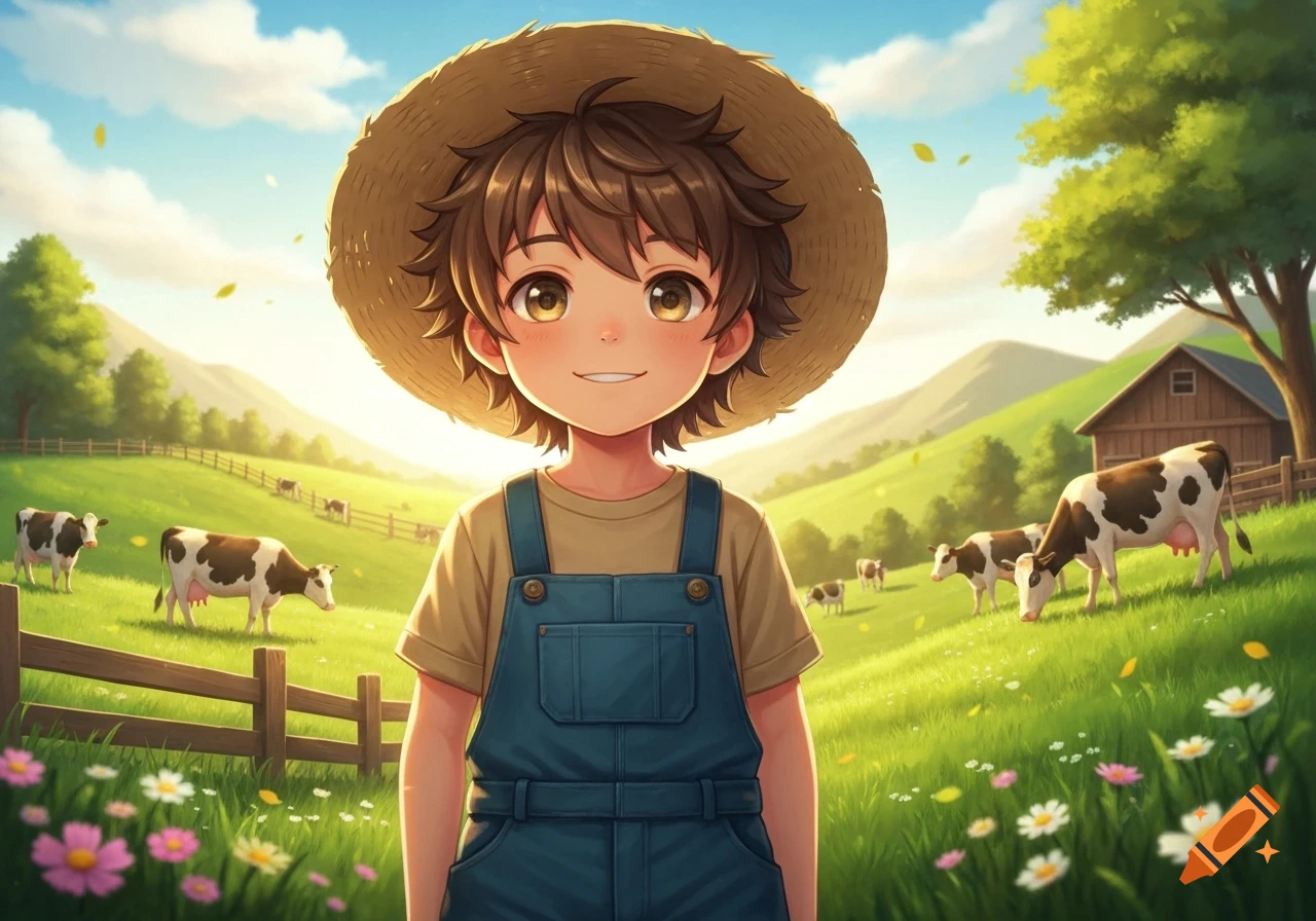 A cute anime farmer boy in a straw hat smiles in a sunny green field with cows and a barn.