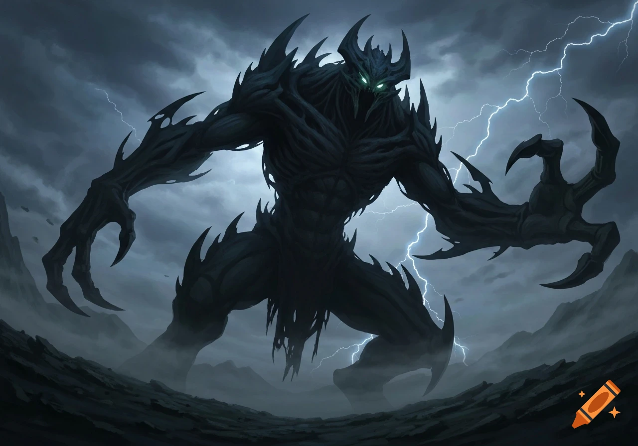 A menacing dark monster with glowing green eyes and sharp spikes stands in a stormy, lightning-filled landscape.
