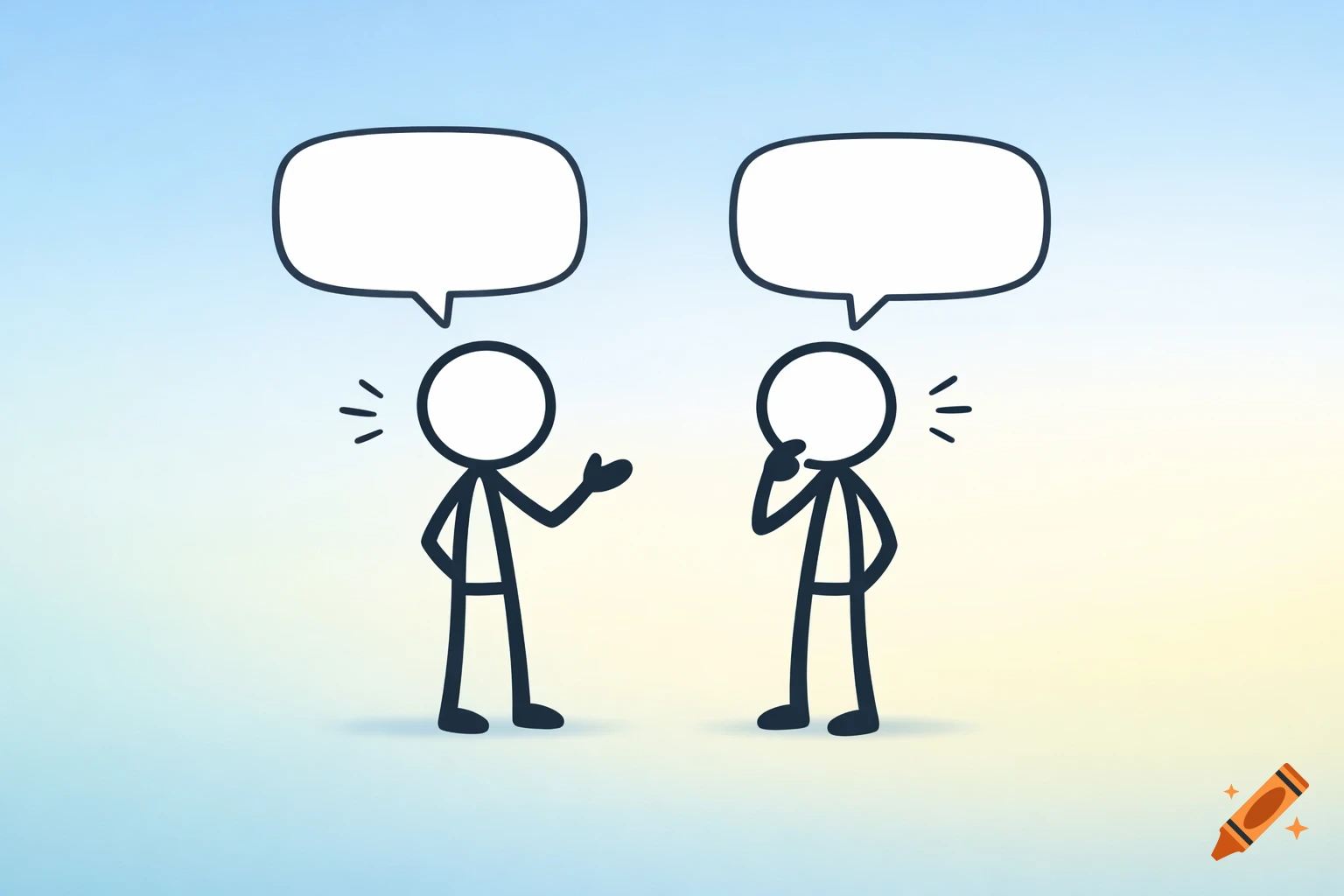 Two stick figures talking with empty speech bubbles above their heads on a blue and yellow gradient background.