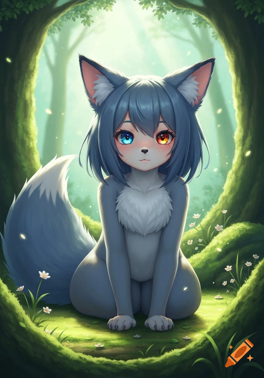 An anime foxgirl with blue fur and heterochromia (blue and orange eyes) sits in a glowing, lush green forest.