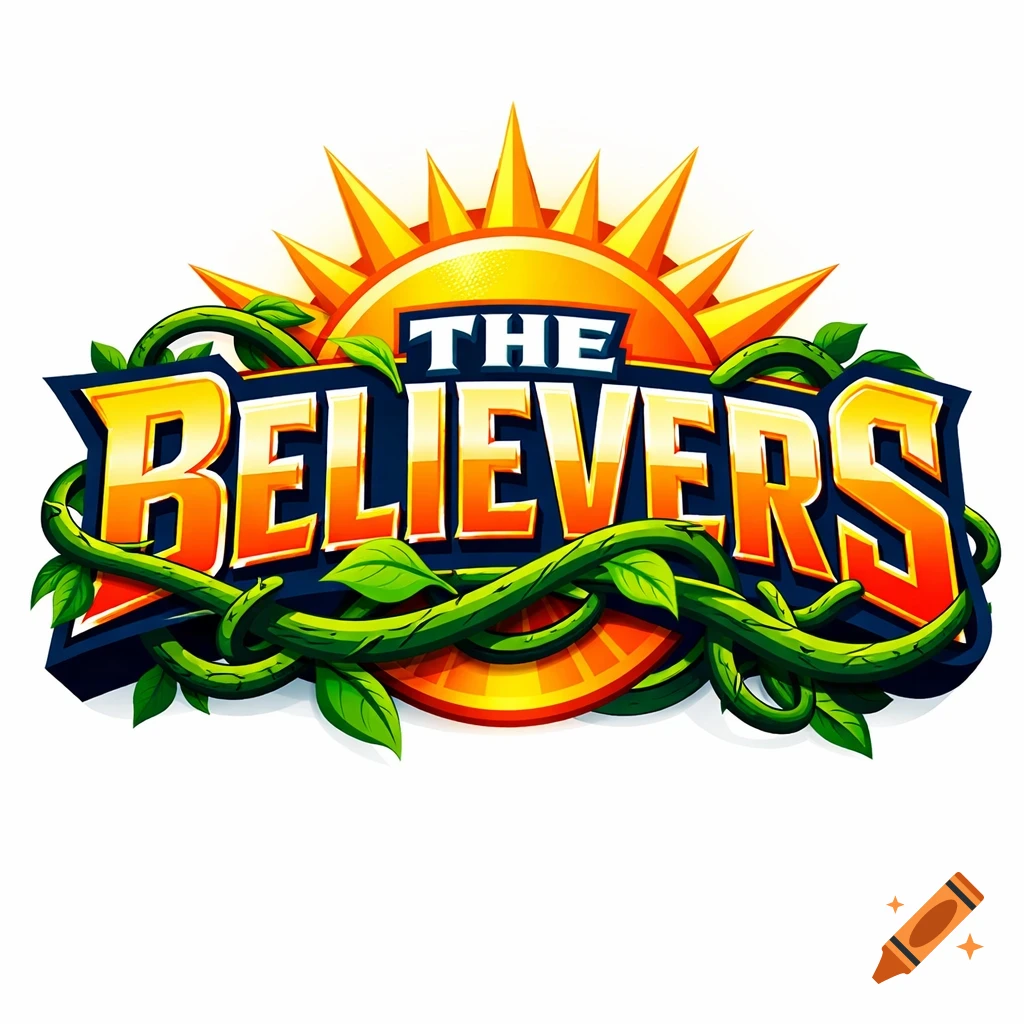 Vibrant 'THE BELIEVERS' logo with bold orange and yellow text, a radiant yellow sun, and green vines intertwined against a white background.