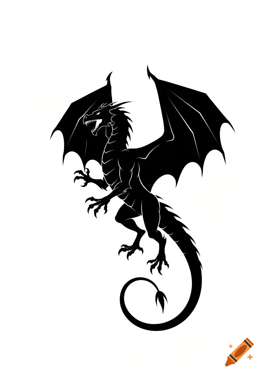 A black silhouette of a dragon with large wings and a long curled tail, standing on a white background.