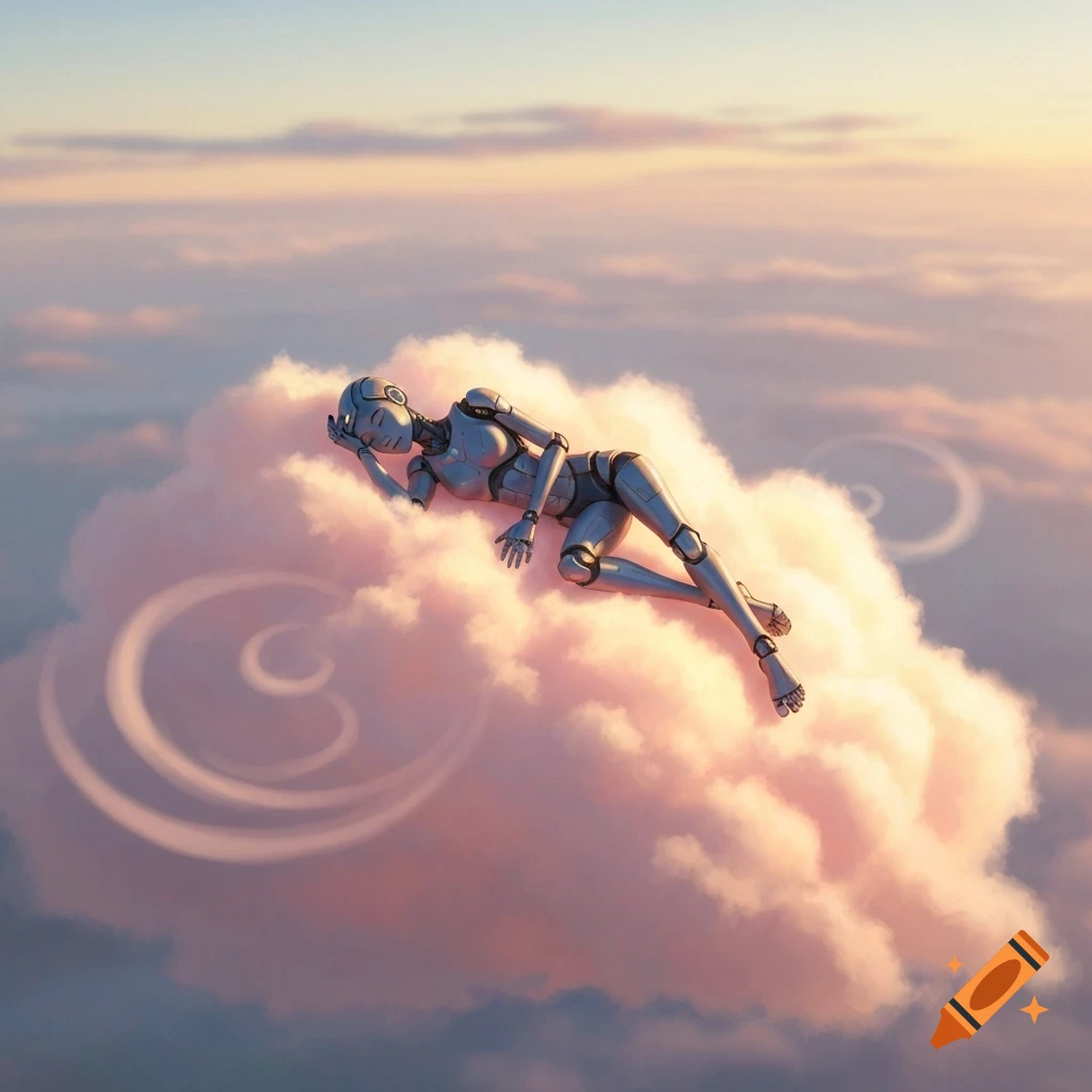 A silver robot with closed eyes sleeps peacefully on a fluffy pink cloud, high above a soft, sunset-colored sky.