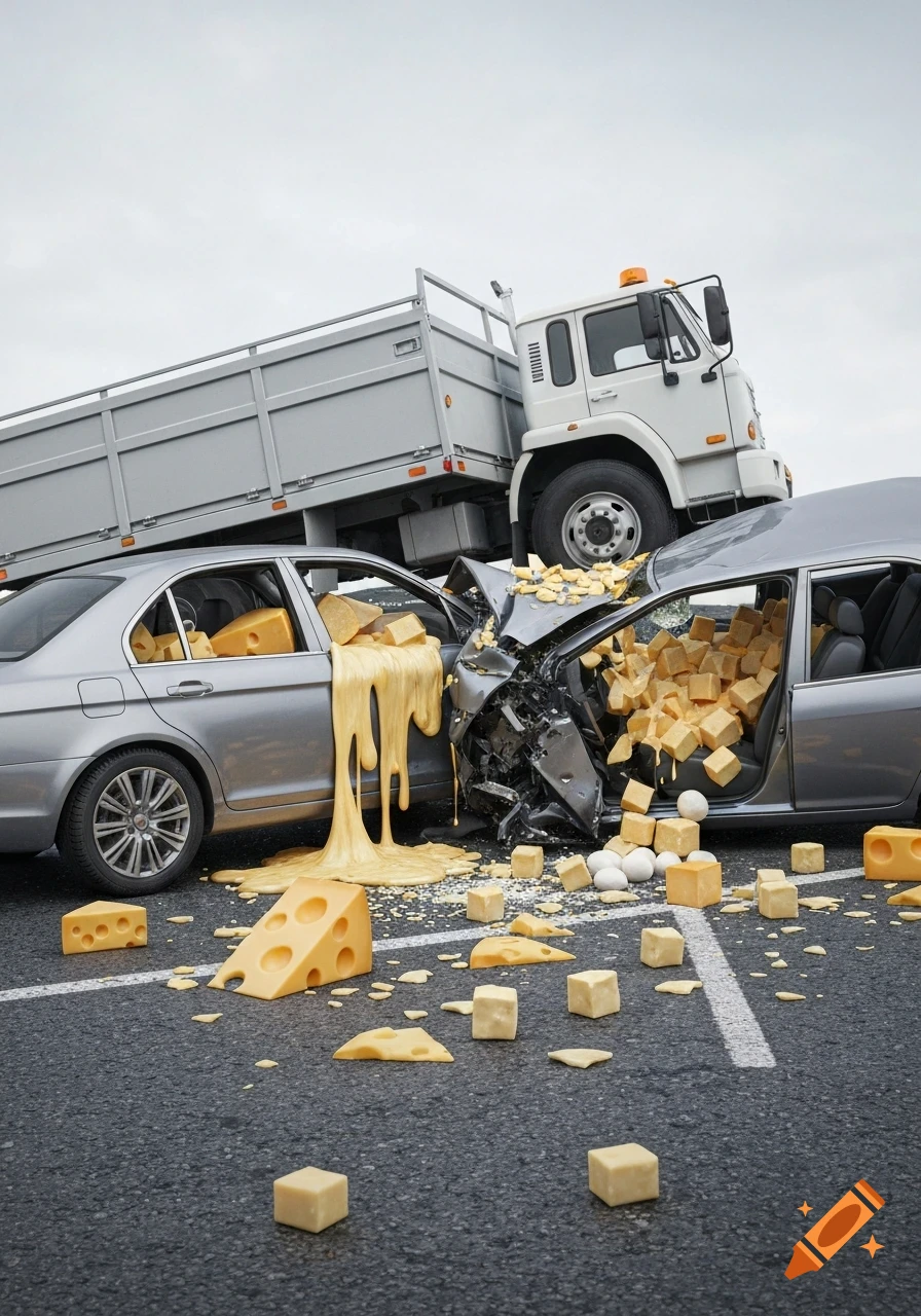 A surreal car crash where a white truck rests on a silver car, with cheese wheels, cubes, and melted cheese spilling out onto the asphalt.