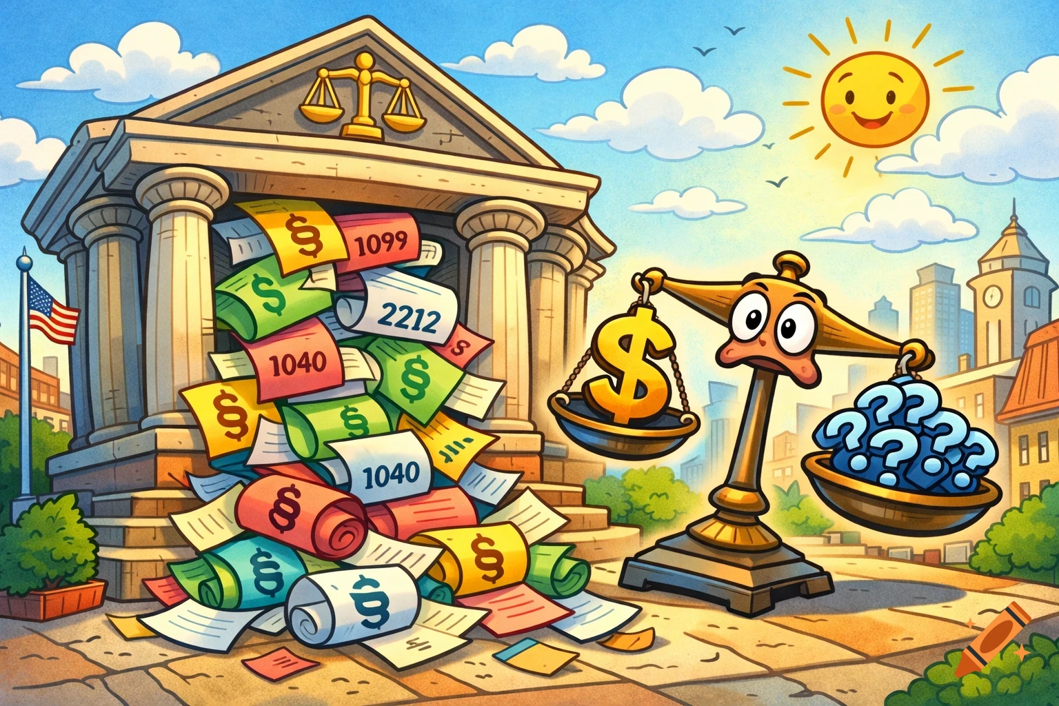 A cartoon depicts a courthouse overflowing with tax forms and paragraph symbols, next to an anxious-looking scale balancing a dollar sign against question marks under a smiling sun.