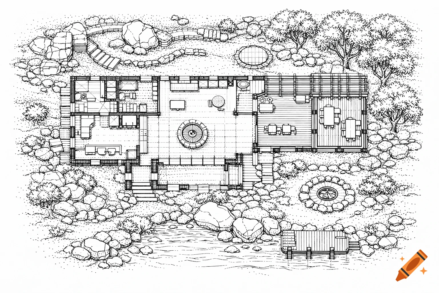 Overhead black-and-white technical pen drawing of a house floor plan with surrounding landscape, rocks, trees, and a lake.