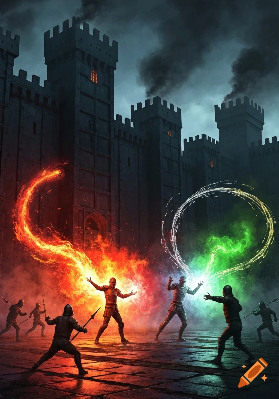 Mages cast fire and green magic at guards outside a dark fortress at night, creating a chaotic fantasy battle scene.