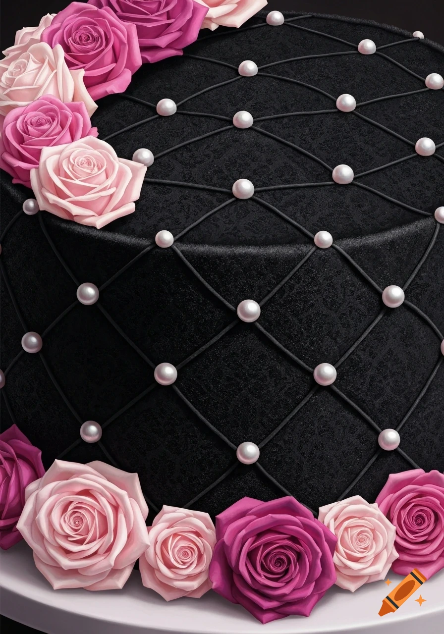 A black cake with a quilted pattern, adorned with white pearls and a spiral of pink roses in various shades.