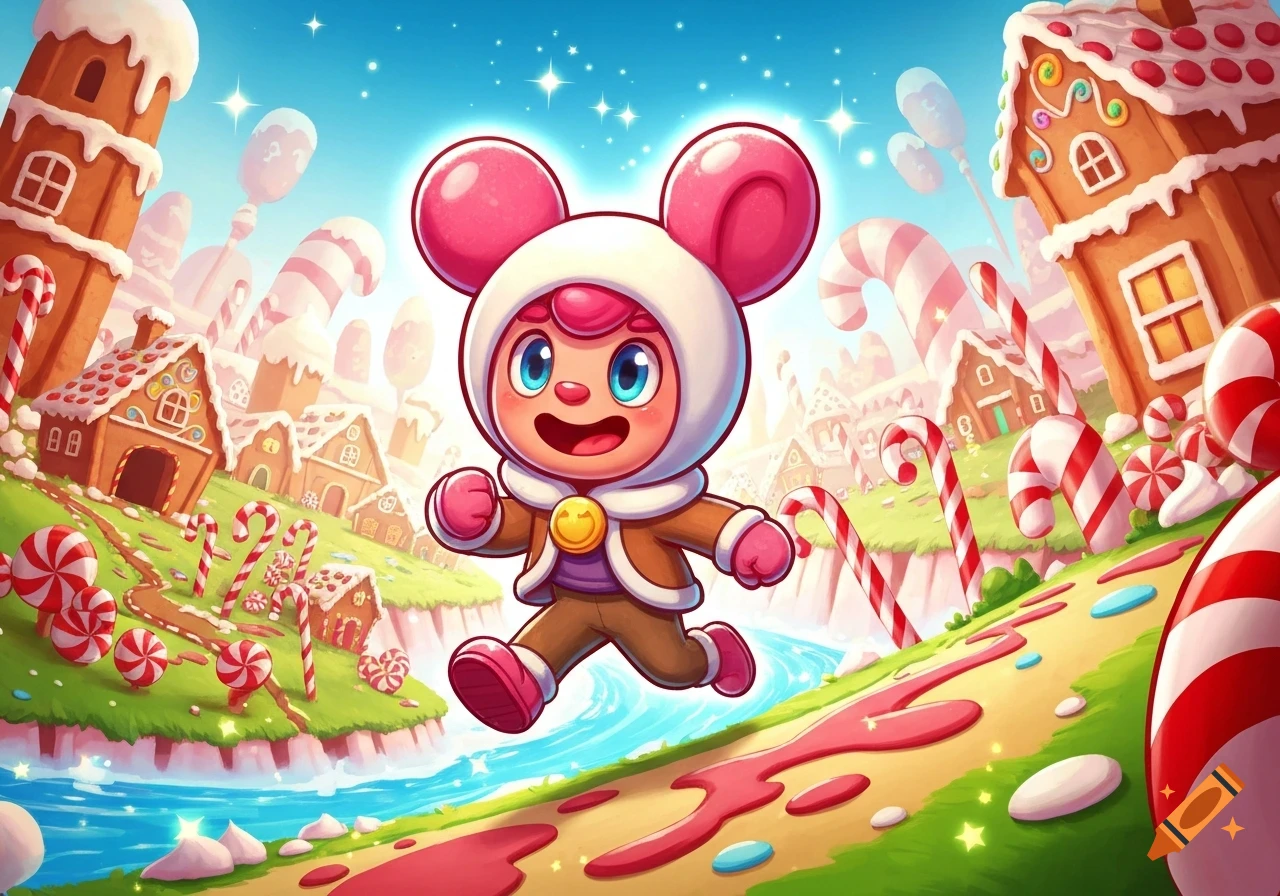 A cute, smiling cartoon character in a mouse-ear hoodie runs through a vibrant candy land with gingerbread houses and candy canes.